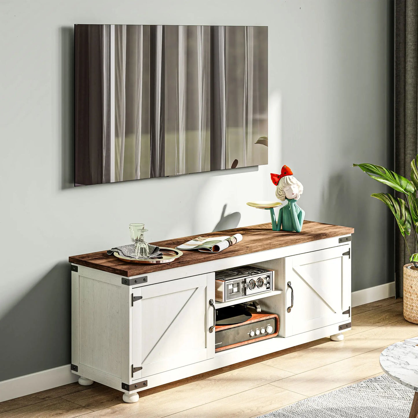 Farmhouse TV Stand for 65" TV, Barn Doors, Distressed White, White TV Stands at Gallery Canada