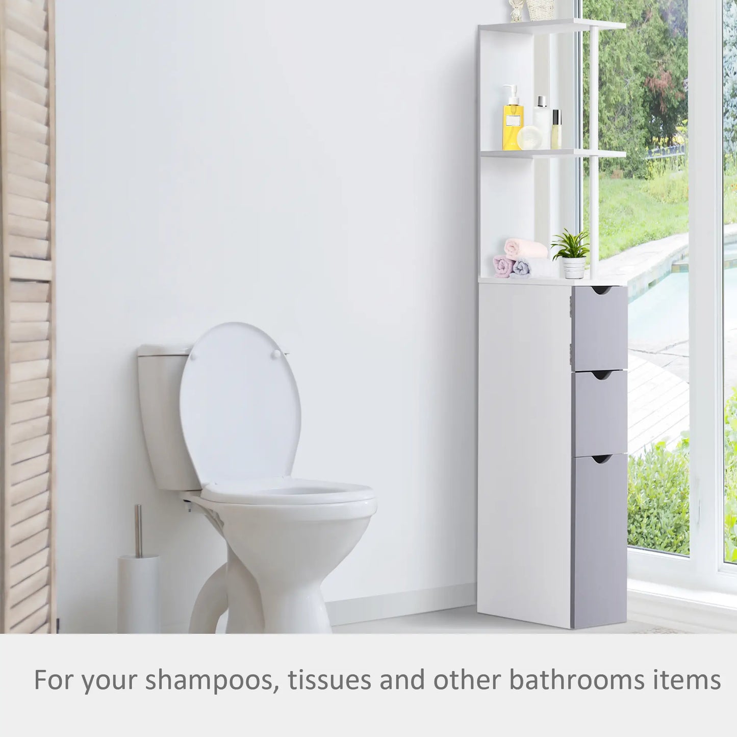 Tall Narrow Bathroom Storage Cabinet with Drawers, Open Shelves, White Grey Bathroom Cabinets at Gallery Canada