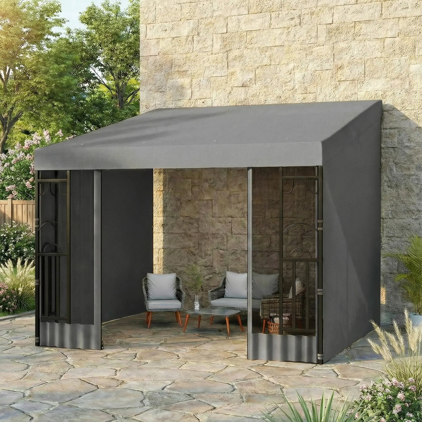 10' x 10' Wall Pergola, Outdoor Gazebo With Curtains, Dark Grey Pergolas at Gallery Canada