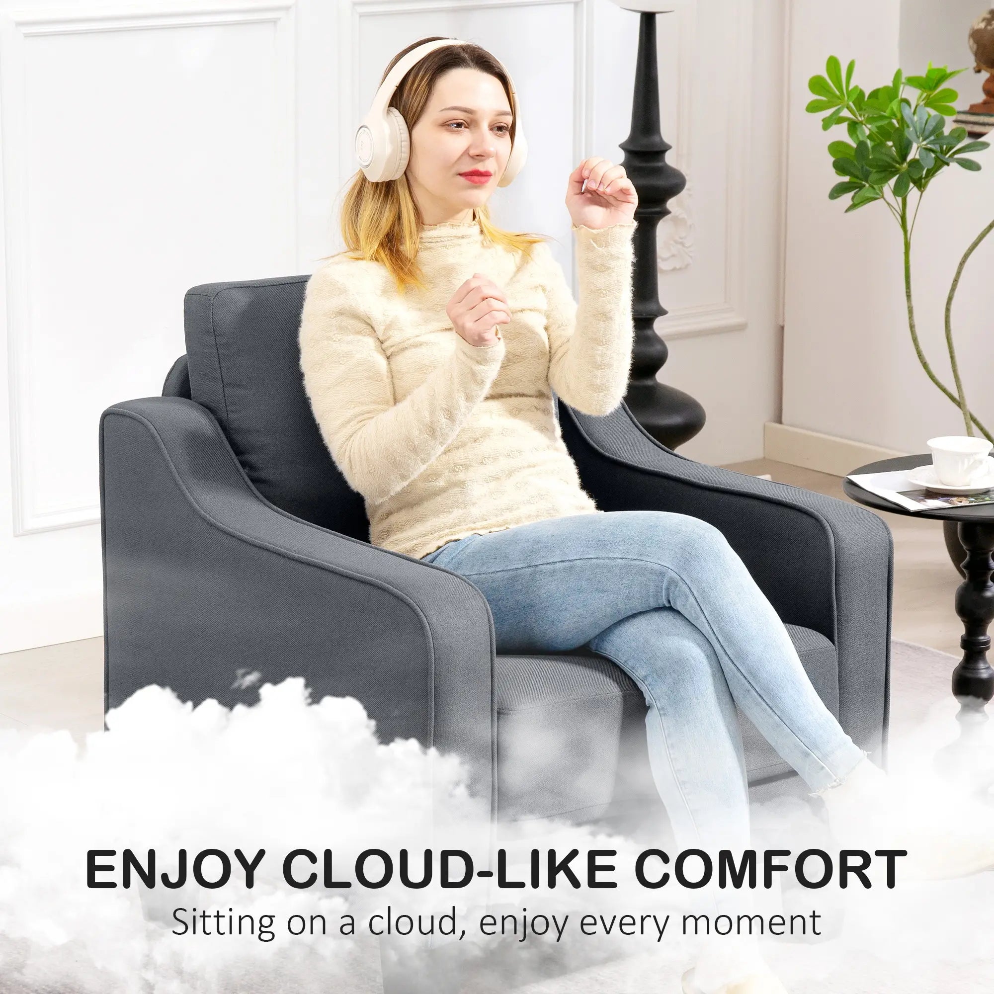 Modern Accent Armchair, Pocket Spring, Linen Upholstered, Thick Padded, Charcoal Grey Accent Chairs at Gallery Canada