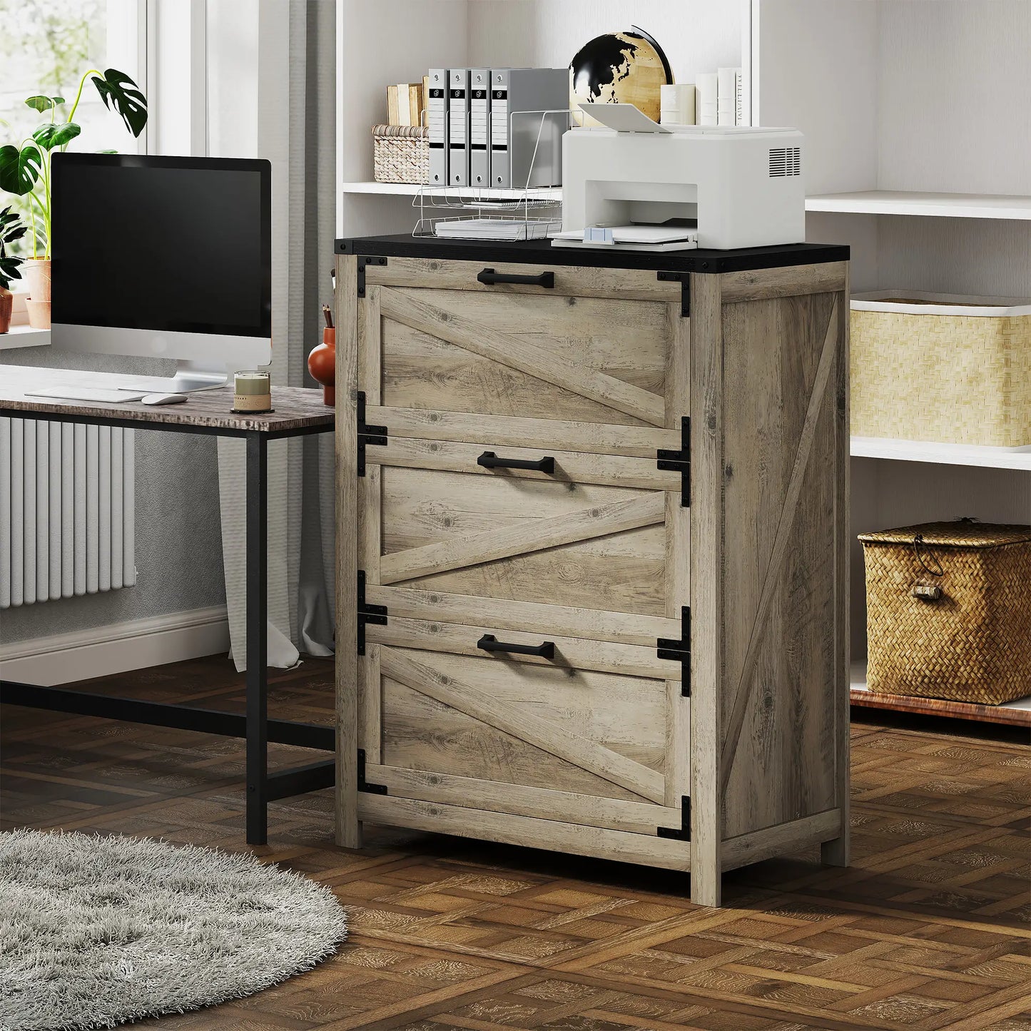 3 Drawer Filing Cabinet, Farmhouse Office Storage, Adjustable Hanging Bars, Grey Office Cabinets & Cupboards at Gallery Canada