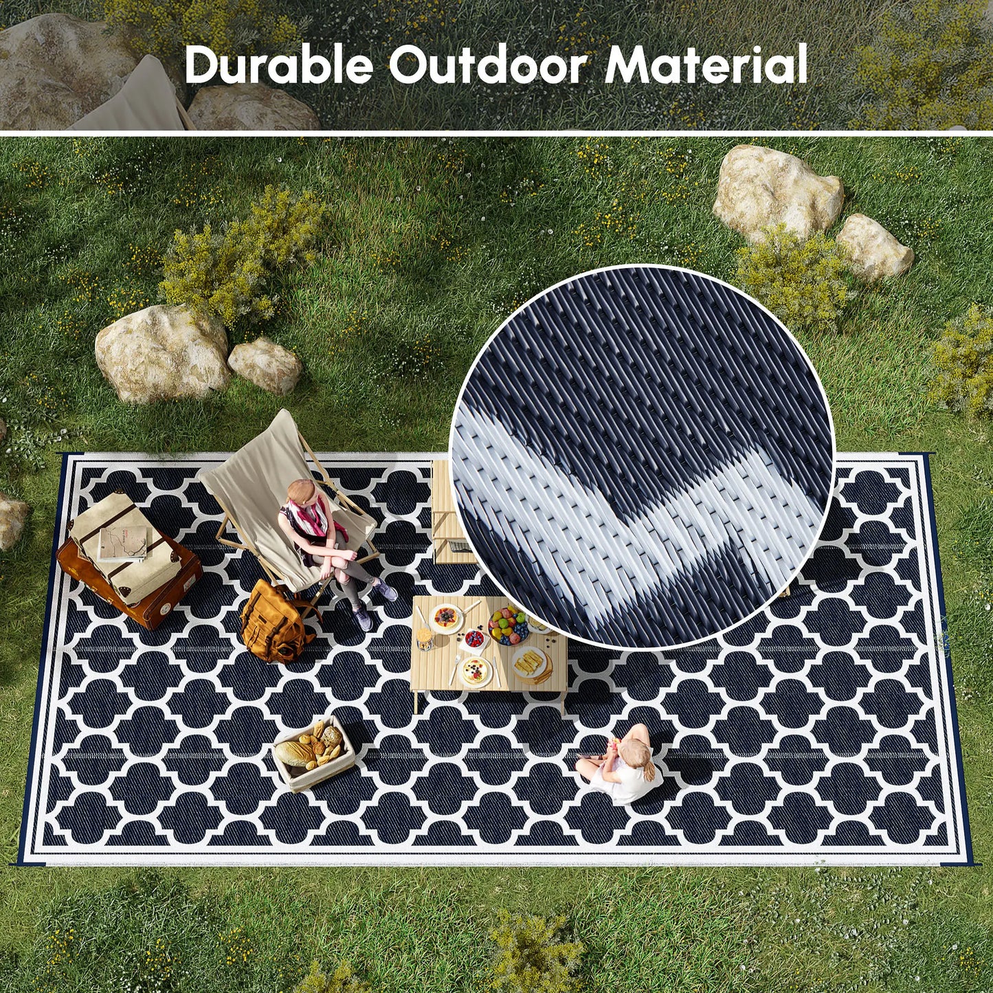 Reversible Outdoor RV Rug, 9' x 18', White, Patio Mat, Dark Blue Outdoor Reversible Rugs at Gallery Canada