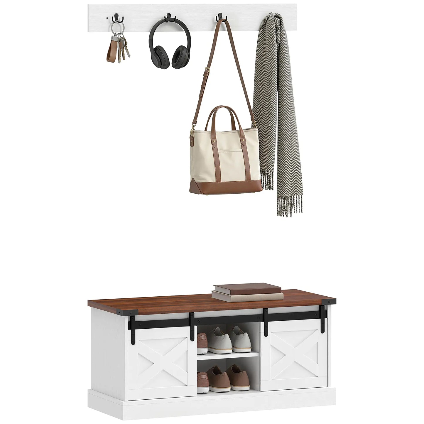 Coat Rack Shoe Bench Set, 2-Piece Hall Tree, White/Dk Walnut Shoe Storage Cabinets & Racks Dark Walnut, White at Gallery Canada