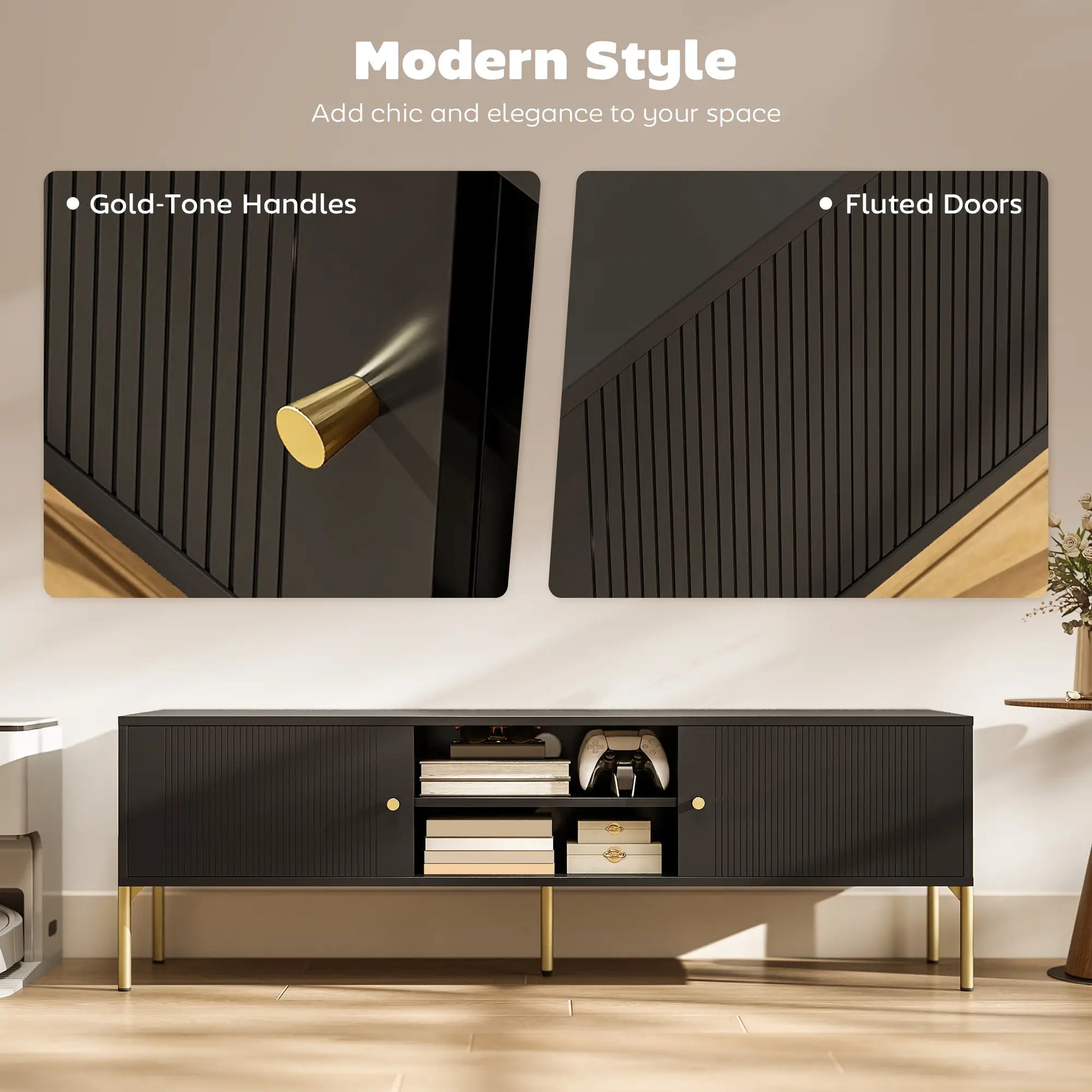 TV Stand for 65 Inch TVs, Entertainment Center with Shelves, Black TV Stands at Gallery Canada