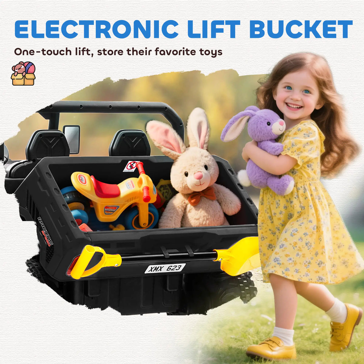 12V Ride On Car, Two-Seater, Electric Bucket, Shovel, Remote Control, Black Electric Toy Cars at Gallery Canada