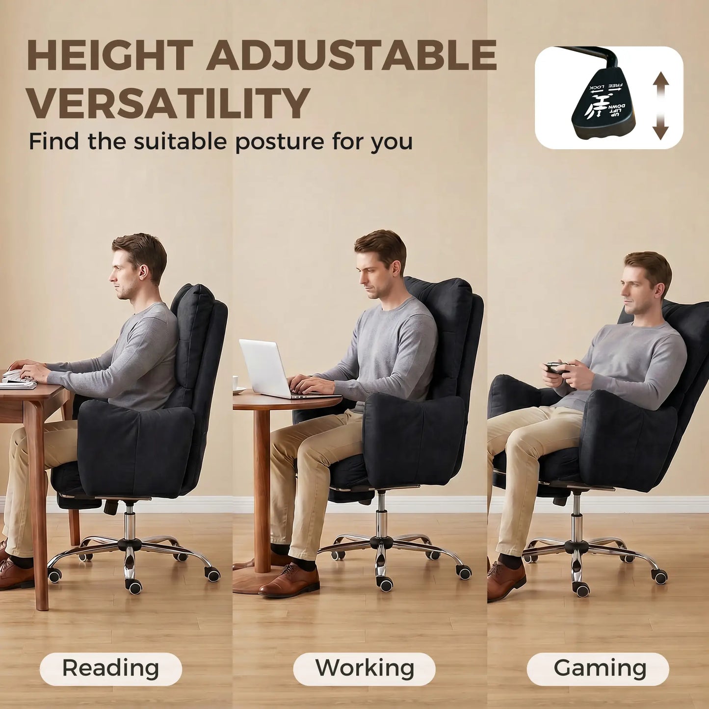 Ergonomic Office Gaming Chair With Foot Rest, Fabric, Black