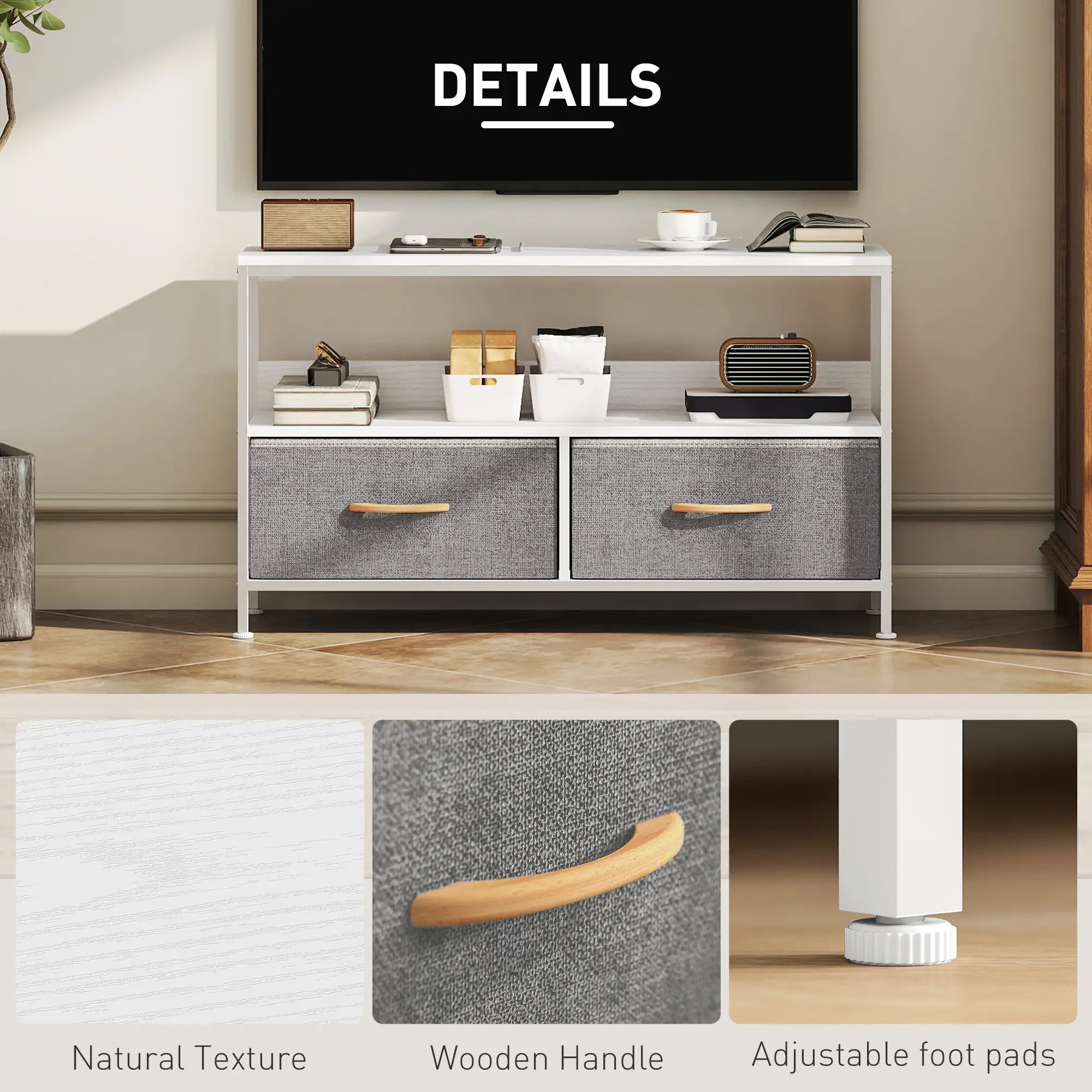 TV Stand with Charging Station, 2 Foldable Drawers, Open Shelf, 47 Inch, White TV Stands at Gallery Canada