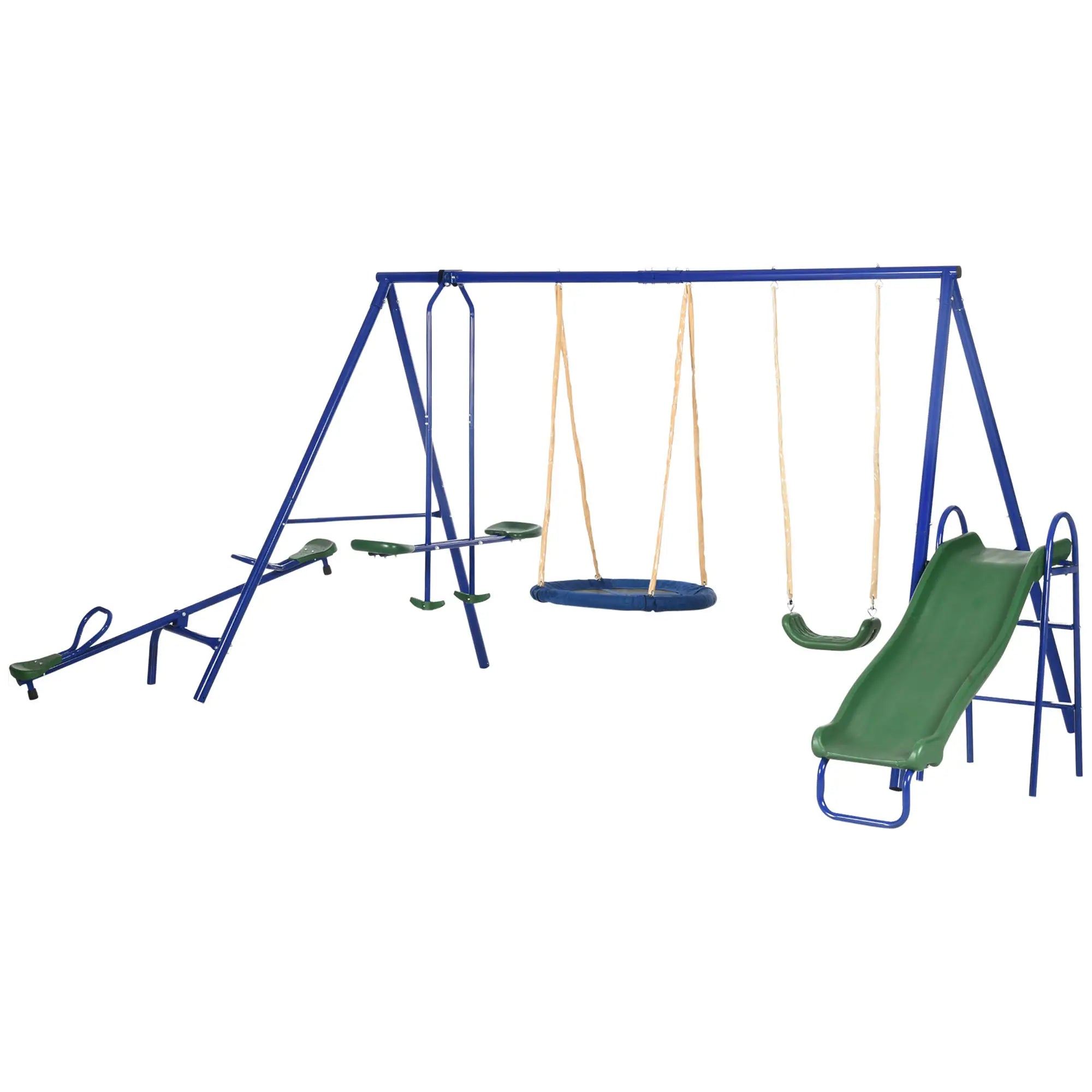 5 in1 Kids Swing Set, Saucer Swing, Slide, Seesaw, Glider, Swing Seat Gym Sets & Swings Blue, Green, Brown at Gallery Canada