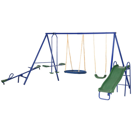 5 in1 Kids Swing Set, Saucer Swing, Slide, Seesaw, Glider, Swing Seat Gym Sets & Swings Blue, Green, Brown at Gallery Canada
