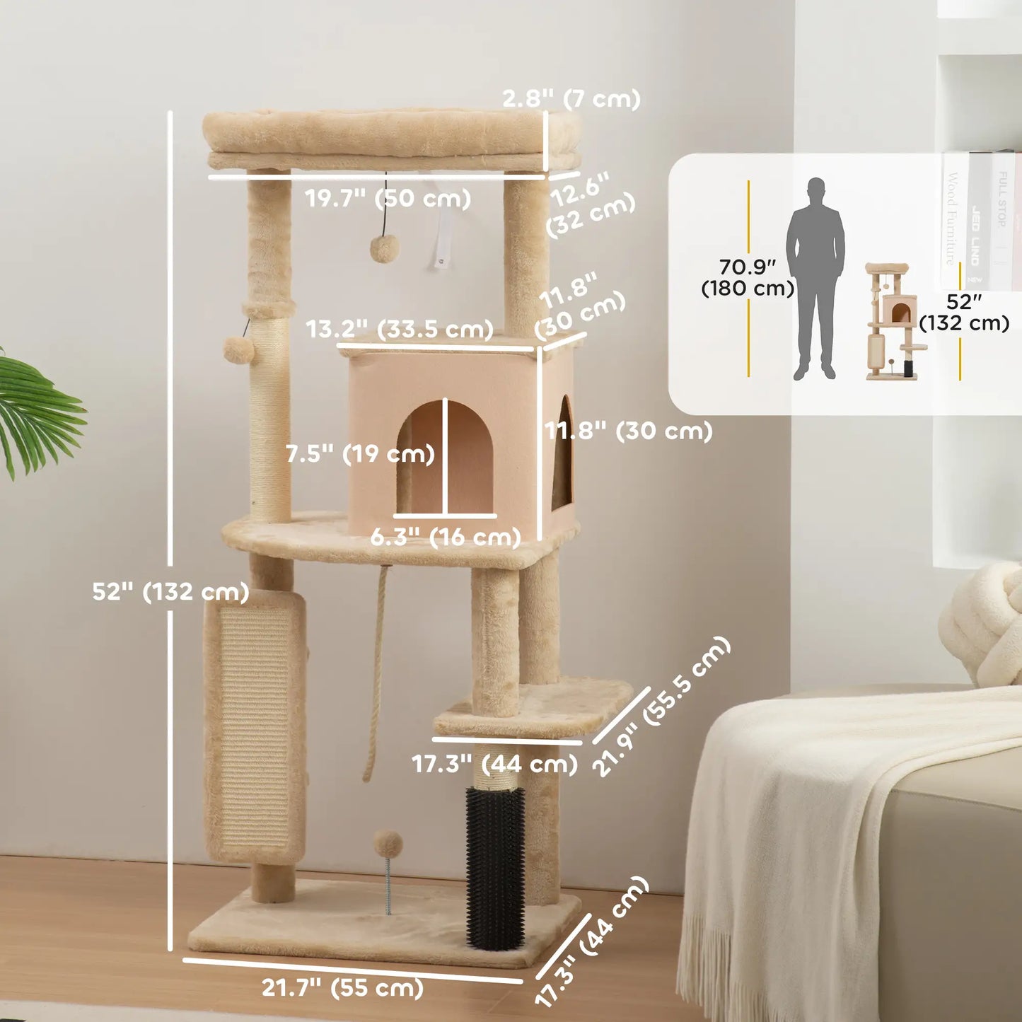52 Inch Cat Tree with Scratching Posts, Bed, Condo, Grooming Brush Cat Towers at Gallery Canada