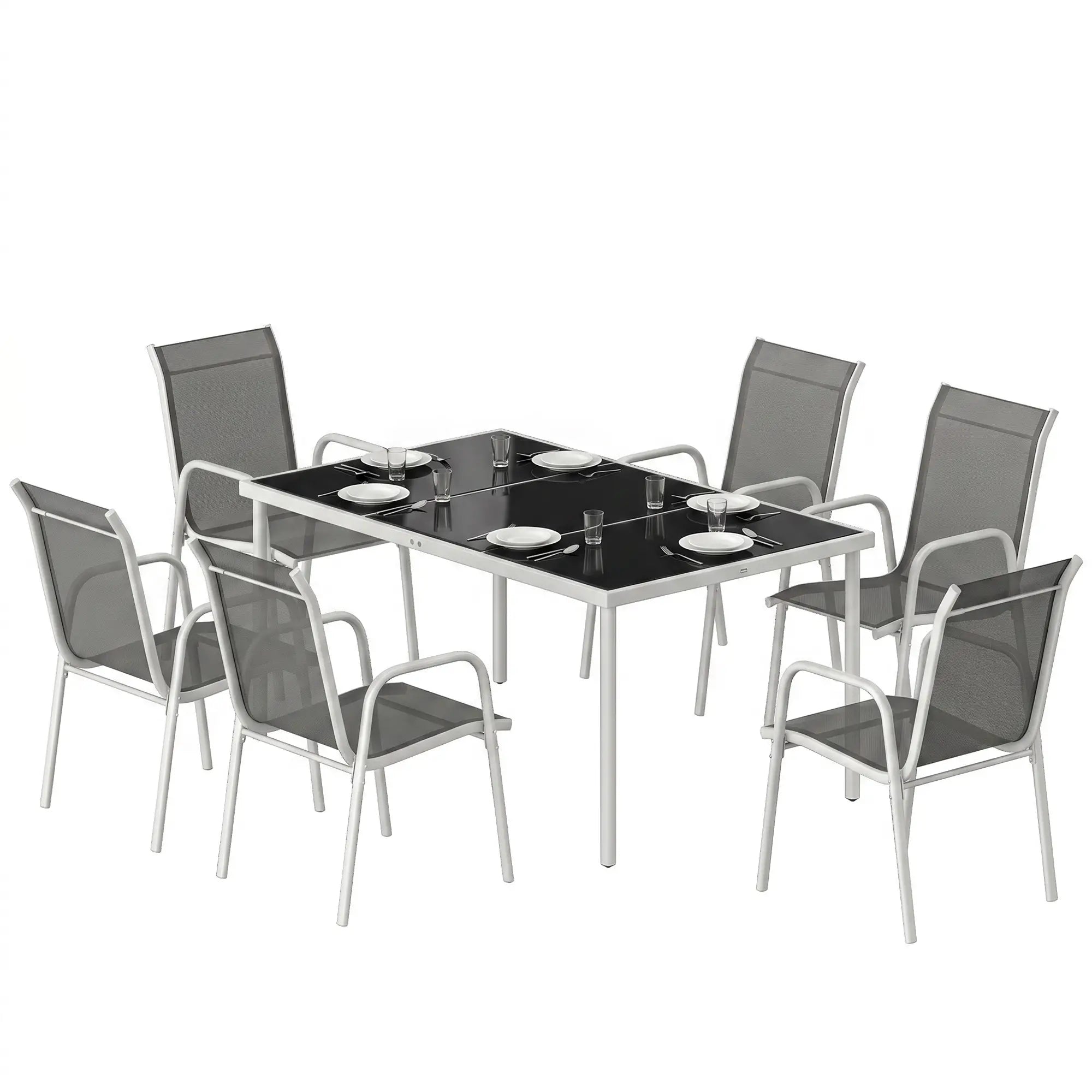 7 Piece Garden Dining Set, Rectangle Table, 6 Stackable Chairs Outdoor Dining Sets Grey, White, Black at Gallery Canada