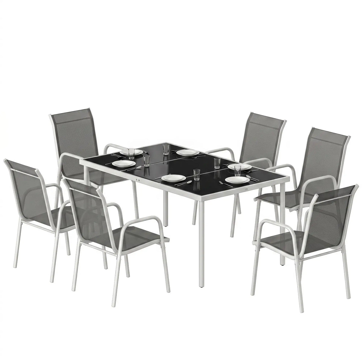 7 Piece Garden Dining Set, Rectangle Table, 6 Stackable Chairs Outdoor Dining Sets Grey, White, Black at Gallery Canada
