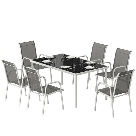 7 Piece Garden Dining Set, Rectangle Table, 6 Stackable Chairs Outdoor Dining Sets Grey, White, Black at Gallery Canada