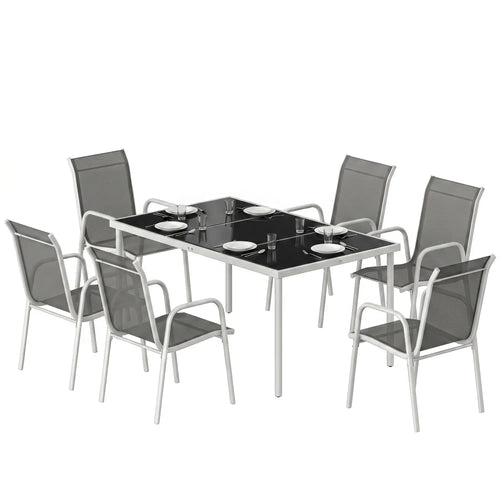 7 Piece Garden Dining Set, Rectangle Table, 6 Stackable Chairs