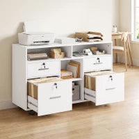 File Cabinet, Locking Drawers, Open Shelves, 5 Casters, White