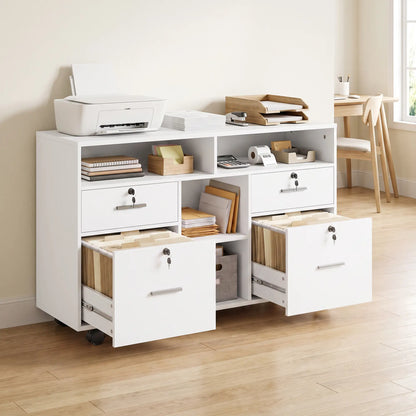 File Cabinet, Locking Drawers, Open Shelves, 5 Casters, White