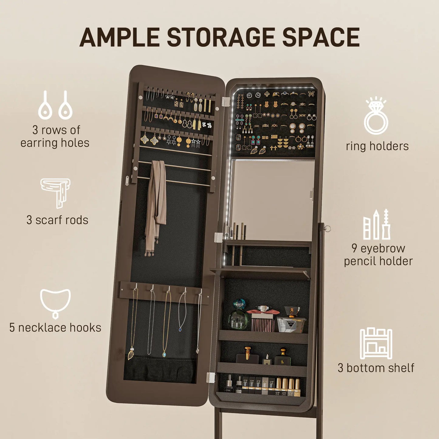 Standing Jewelry Cabinet with LED, Adjustable Mirror, Brown Jewelry Armoire & Jewellery Mirror Cabinets at Gallery Canada