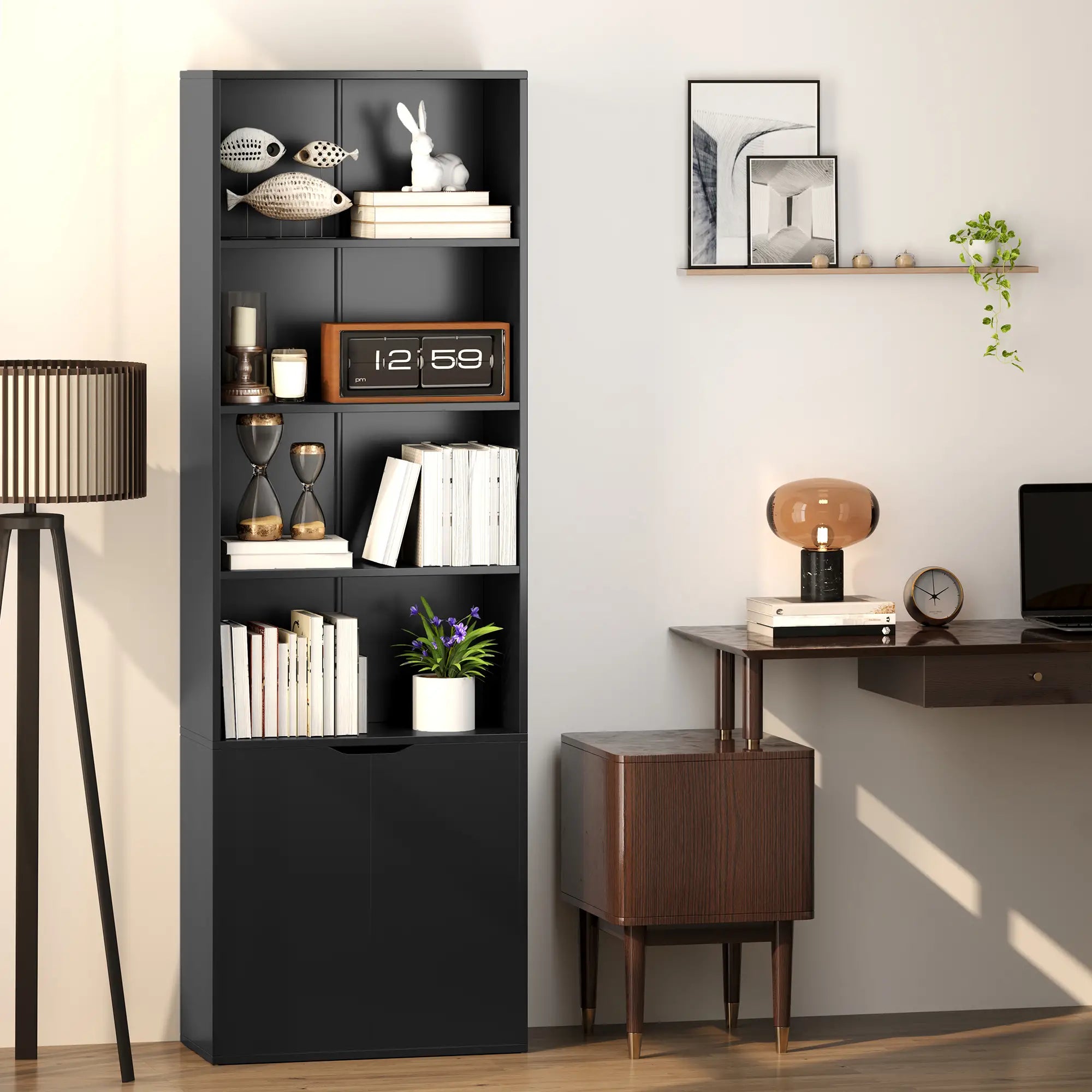 4-Tier Open Bookshelf with Doors, Home Office Storage, Black Bookcases With Doors at Gallery Canada