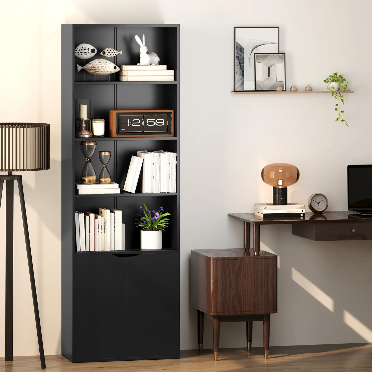 4-Tier Open Bookshelf with Doors, Home Office Storage, Black Bookcases With Doors at Gallery Canada