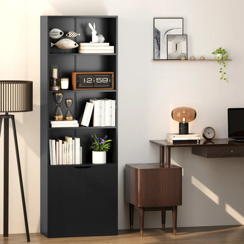 4-Tier Open Bookshelf with Doors, Home Office Storage, Black