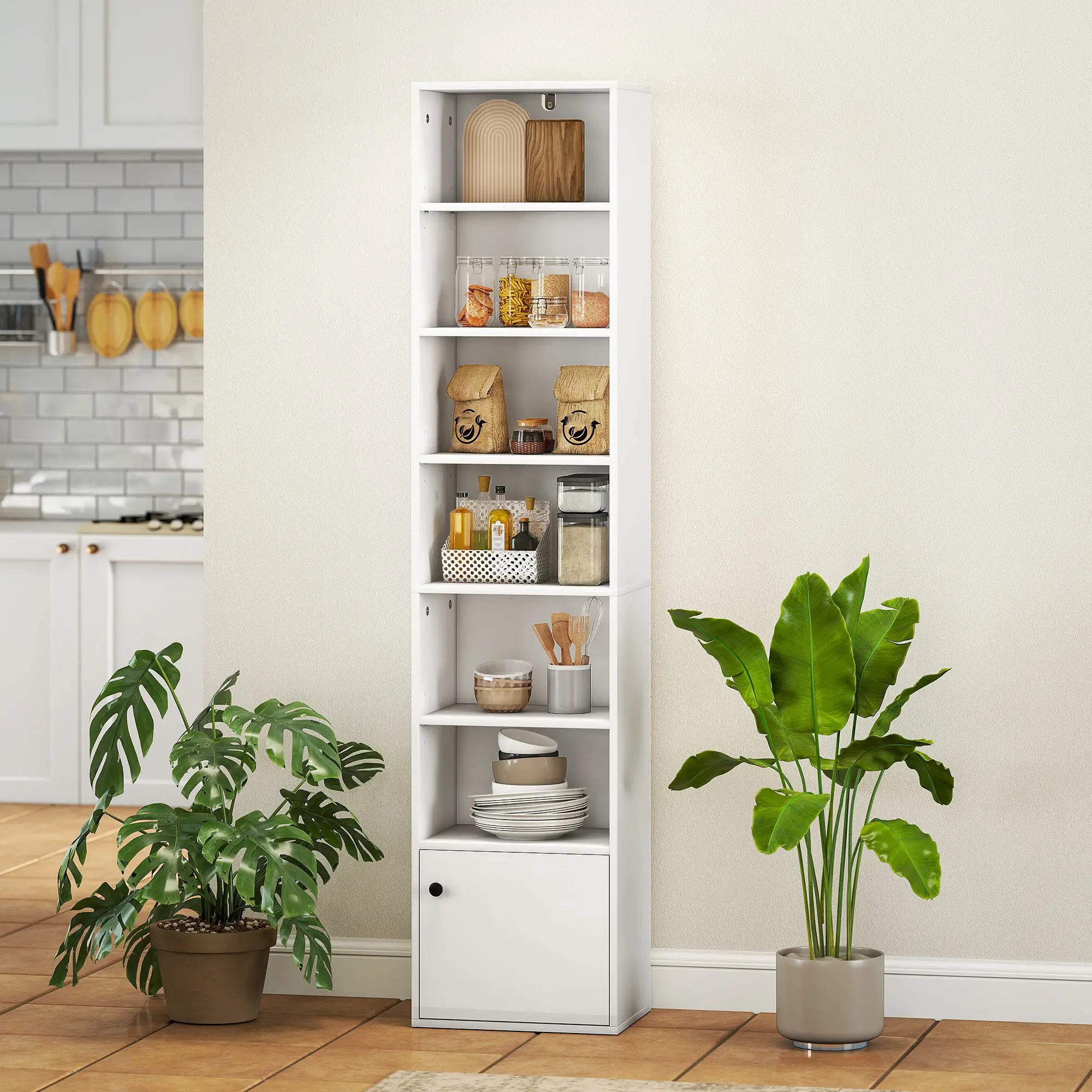 7-Tier Bookcase, Display Shelf with Cabinet, White Display Bookshelves at Gallery Canada