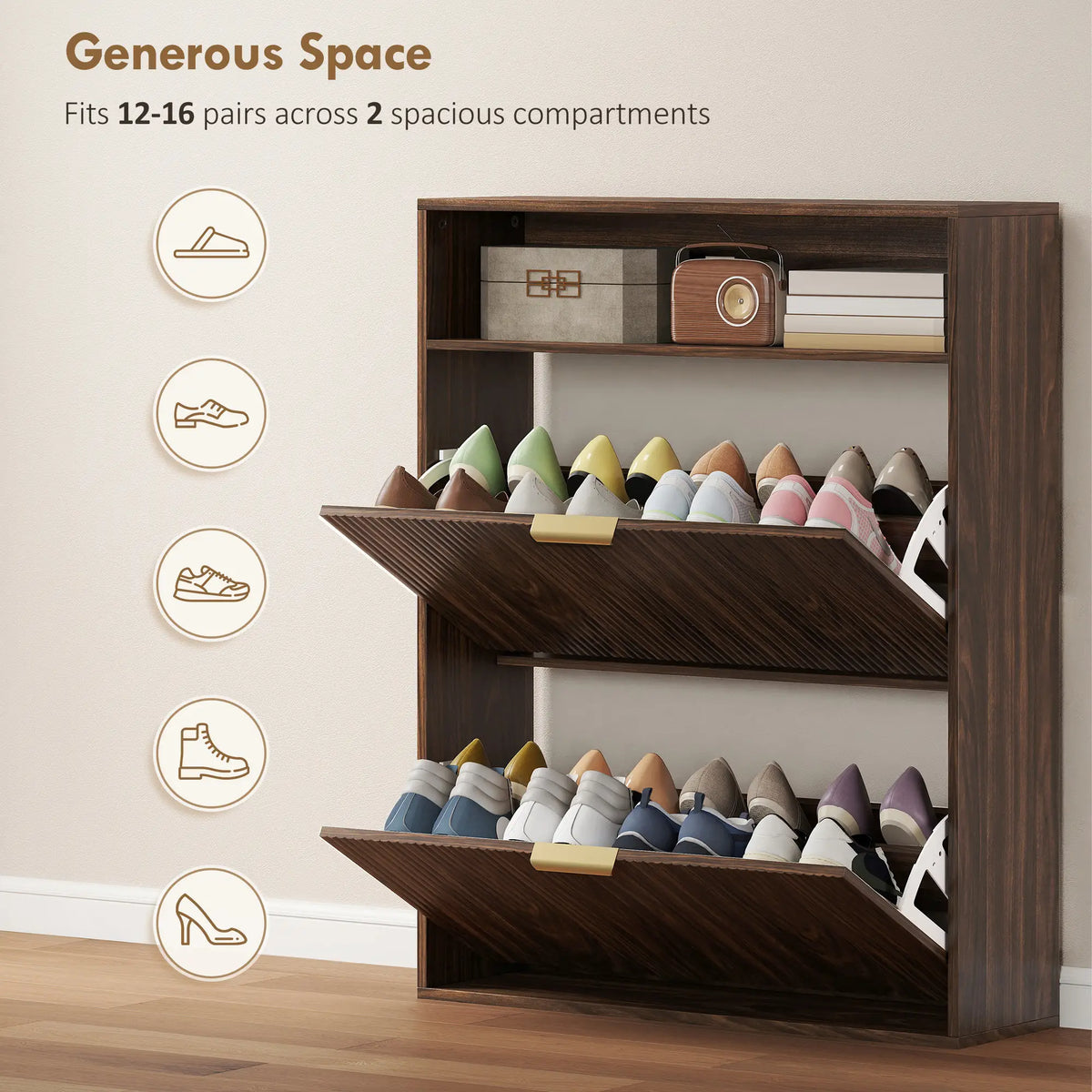 Shoe Cabinet 2 Flip Drawers, Narrow Storage, Top Shelf Shoe Storage Cabinets & Racks at Gallery Canada