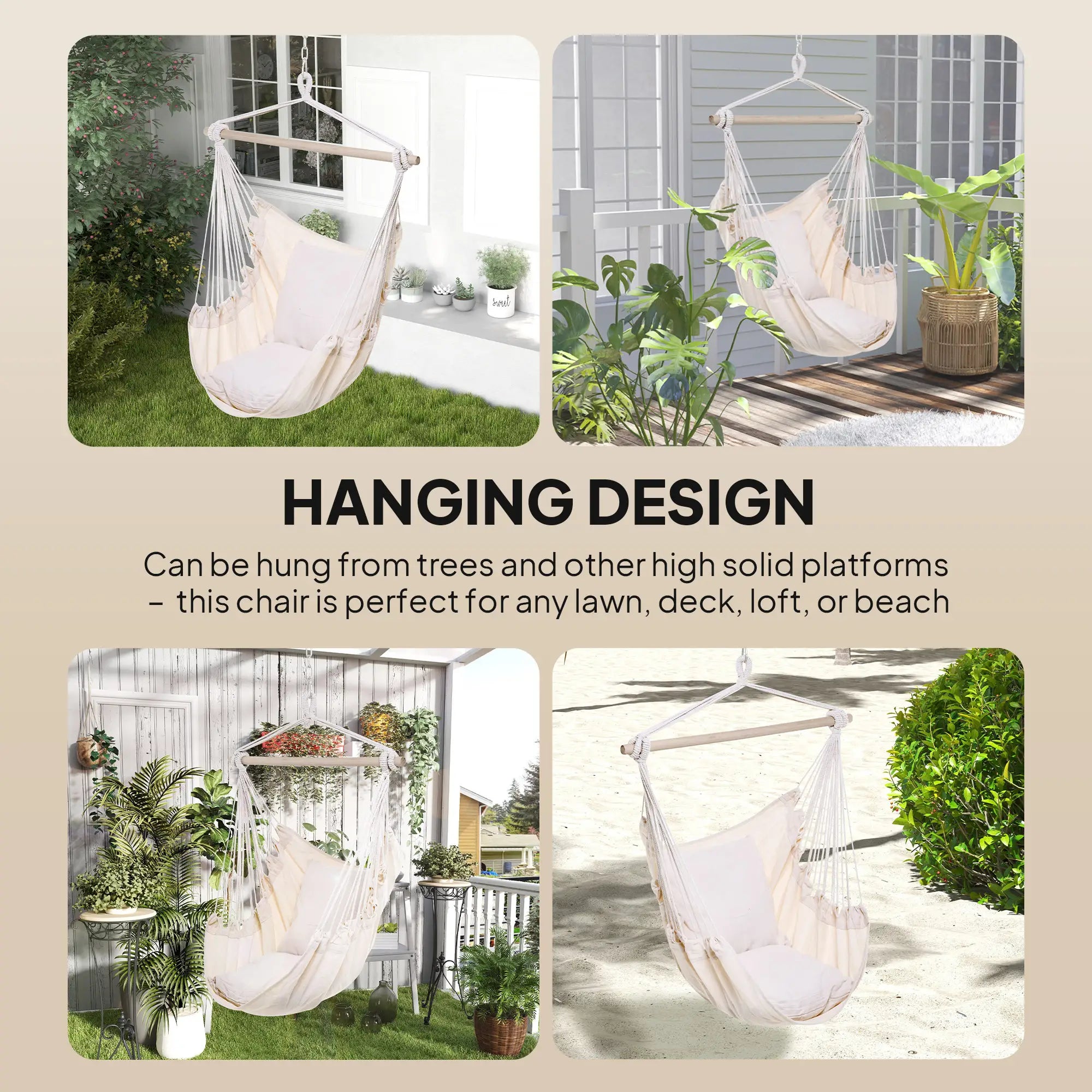 Hanging Macrame Chair, Cotton w/ Two Cushions, Indoor Outdoor, White Hammock Swings at Gallery Canada