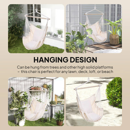 Hanging Macrame Chair, Cotton w/ Two Cushions, Indoor Outdoor, White Hammock Swings at Gallery Canada