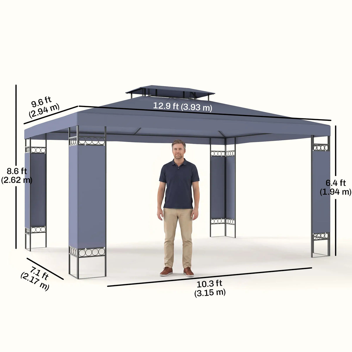 10' x 13' Grey Outdoor Gazebo, Double Roof Patio Canopy Shelter, Grey Gazebos at Gallery Canada
