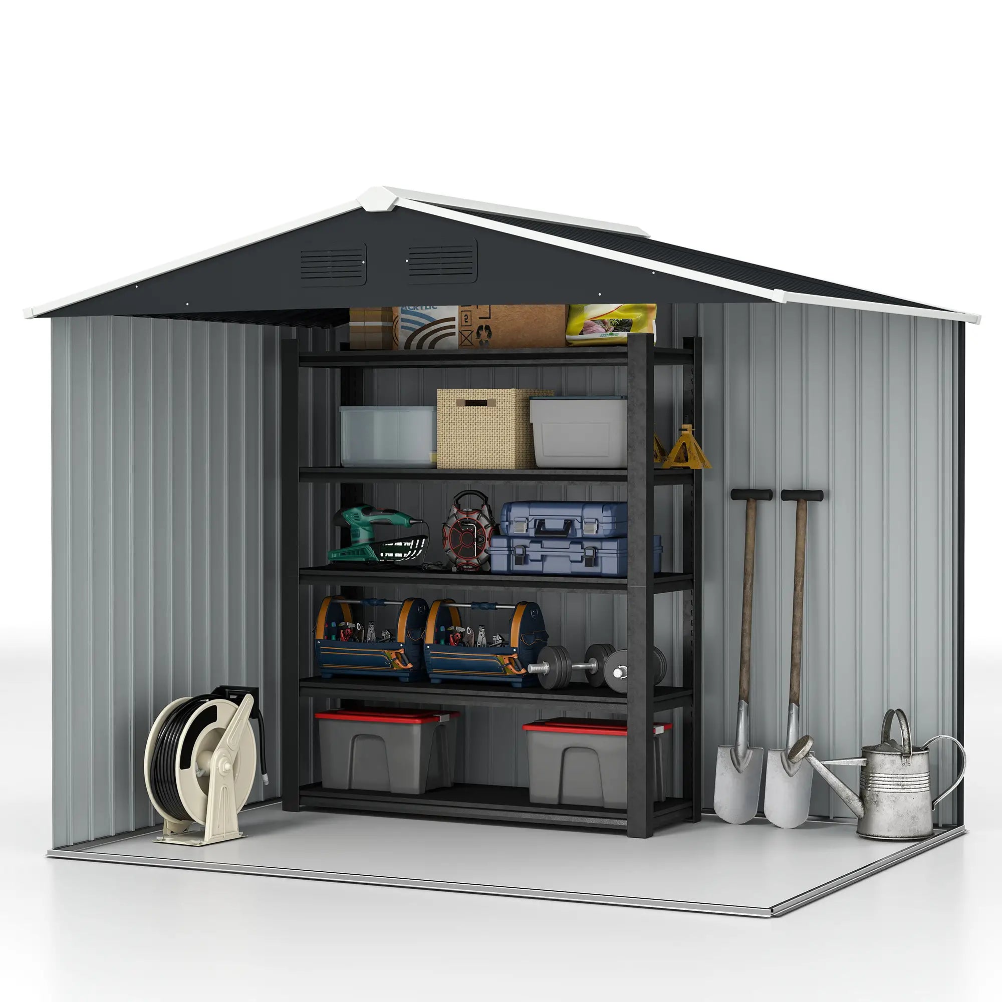 8' x 6' Outdoor Storage Shed, Metal Garden Tool House, Lockable Doors, Charcoal Grey Sheds at Gallery Canada