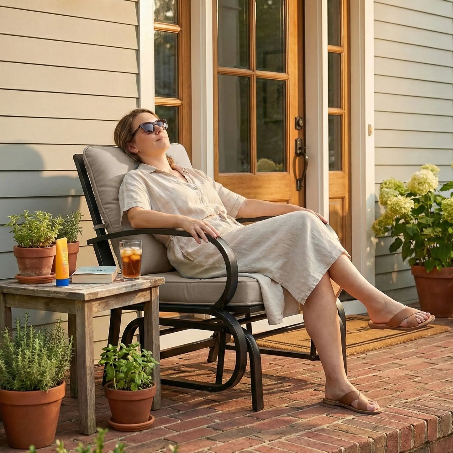 Patio Glider Chair With Cushions, Steel Frame, Curved Armrests, Beige Outdoor Gliders at Gallery Canada
