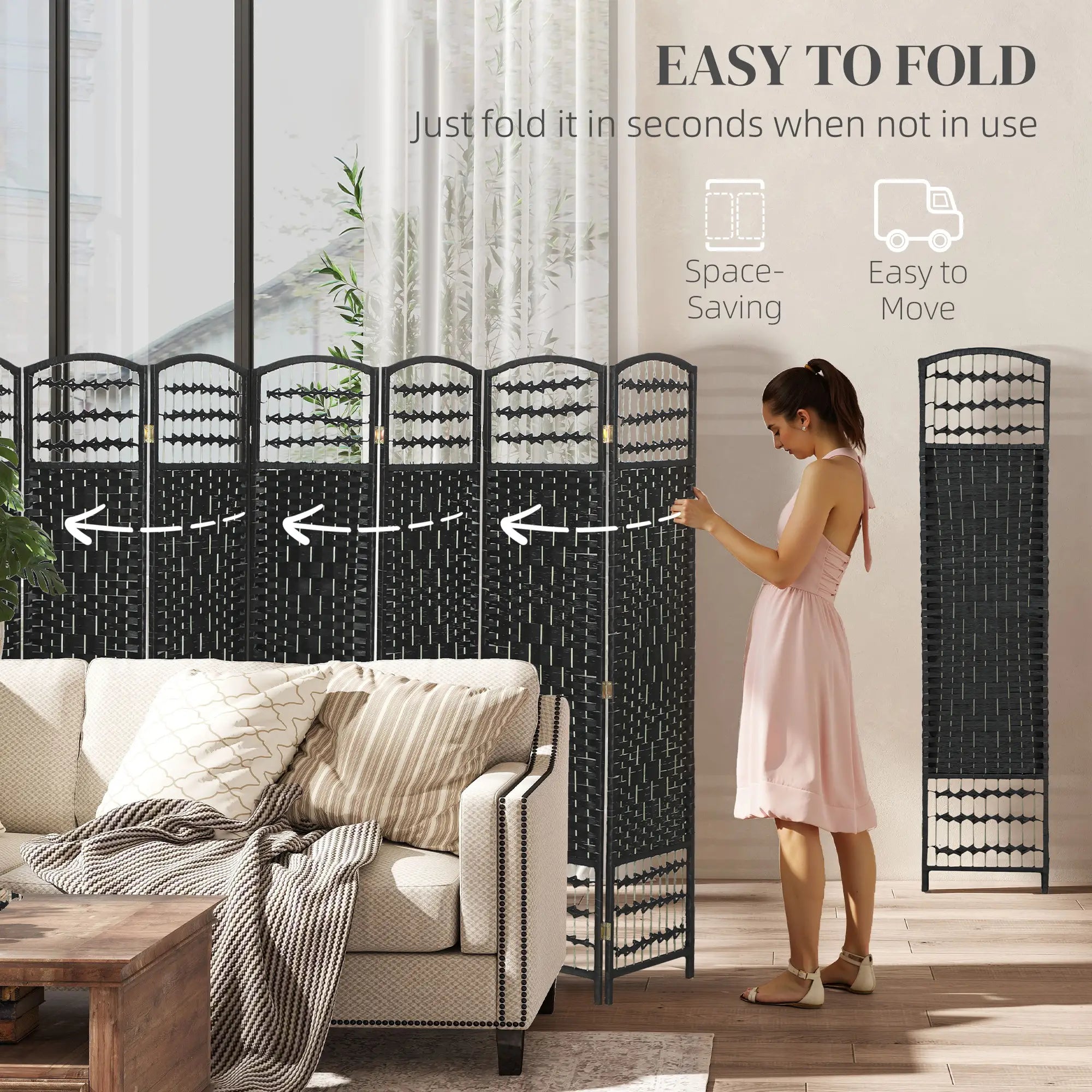8 Panel Folding Room Divider, Portable Privacy Screen, Black Room Dividers at Gallery Canada