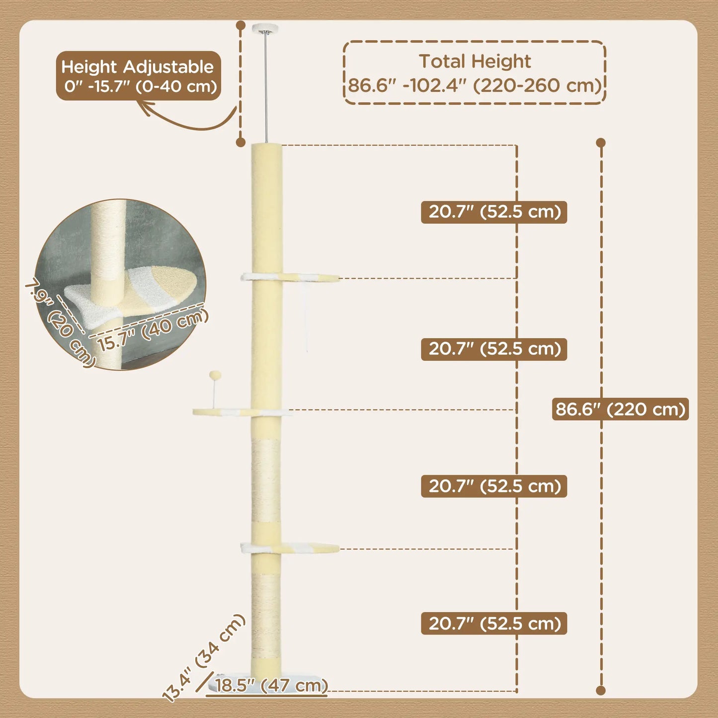 87"-102" Cat Tree, Sisal Scratching Posts, Anti-Tip Kit, Yellow Floor to Ceiling Cat Trees at Gallery Canada