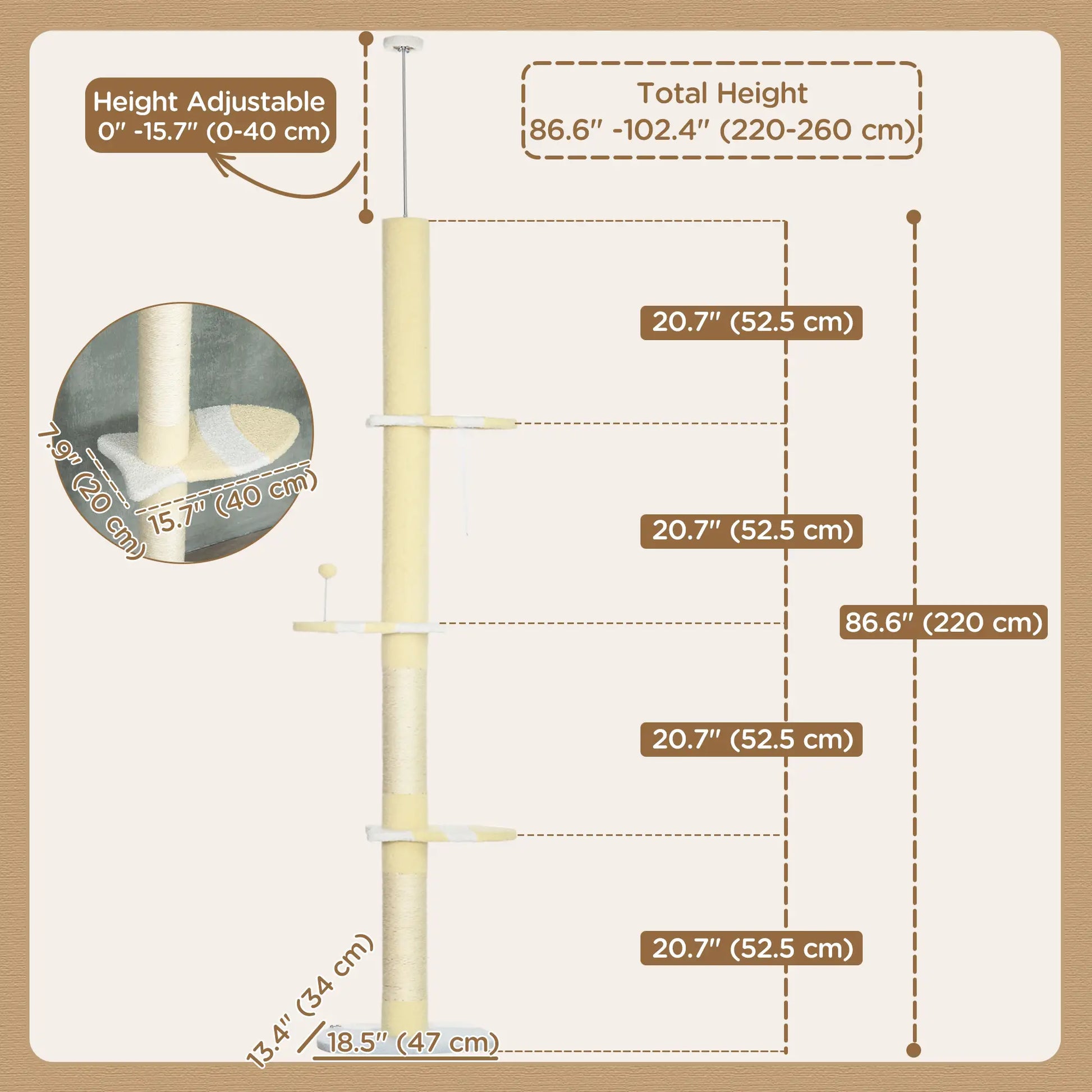 87"-102" Cat Tree, Sisal Scratching Posts, Anti-Tip Kit, Yellow Floor to Ceiling Cat Trees at Gallery Canada