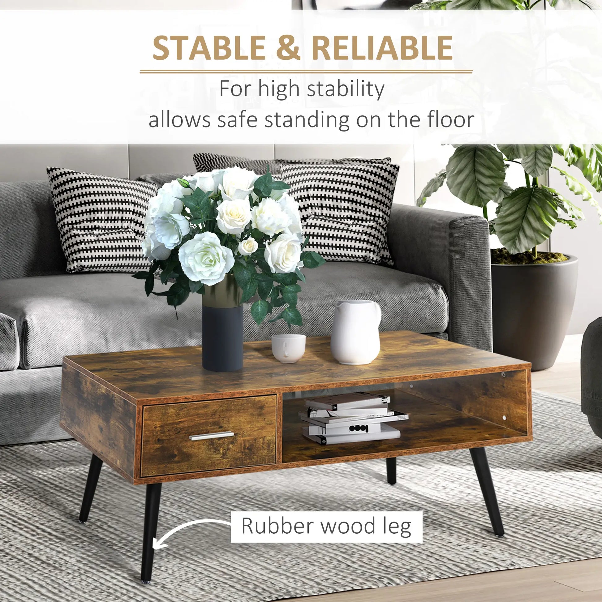 Retro Coffee Table with Storage, Vintage Wooden Side Table, Rustic Brown, Brown Coffee Tables at Gallery Canada