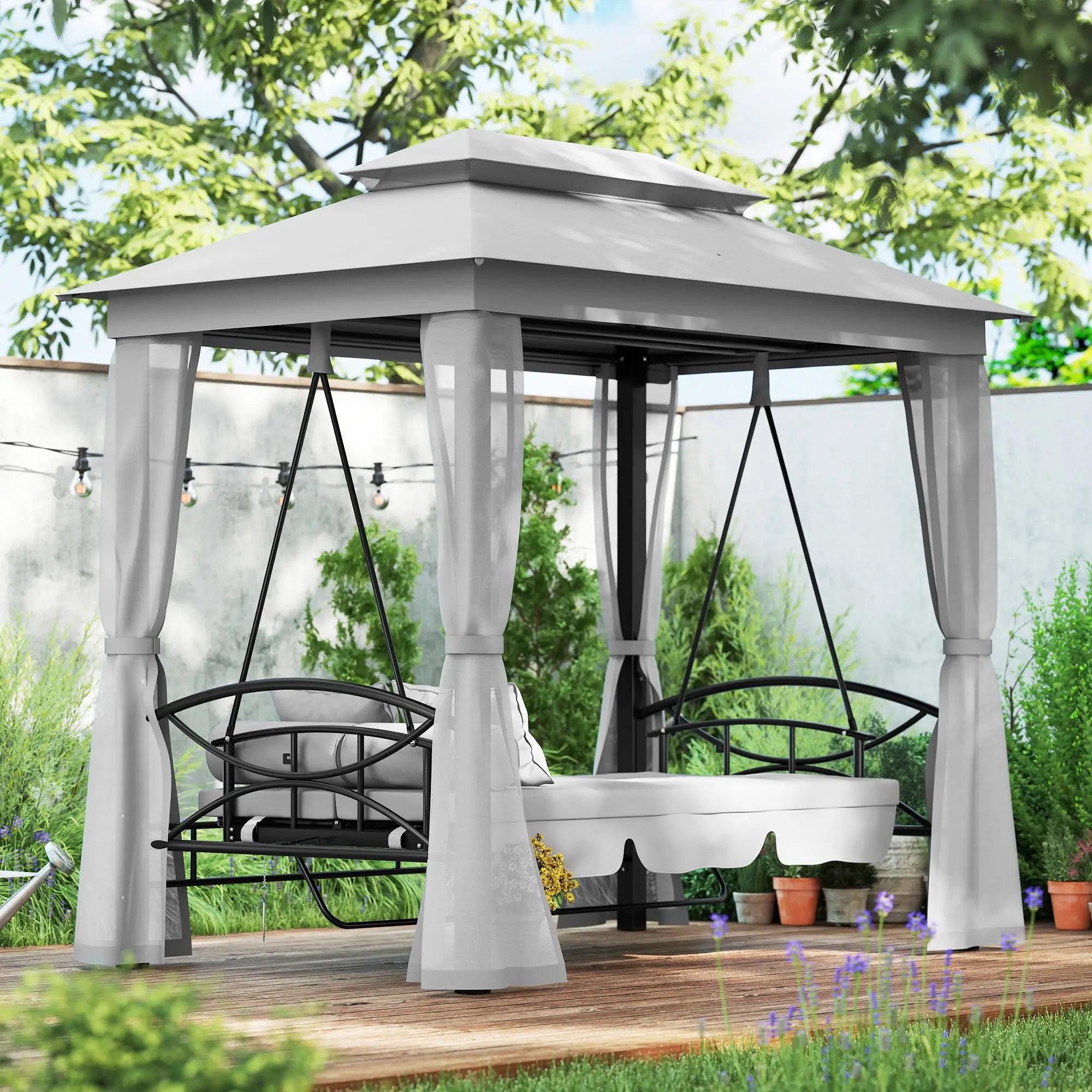 3 Person Outdoor Daybed, Canopy Gazebo Swing Chair, Grey Patio Swings with Stand at Gallery Canada