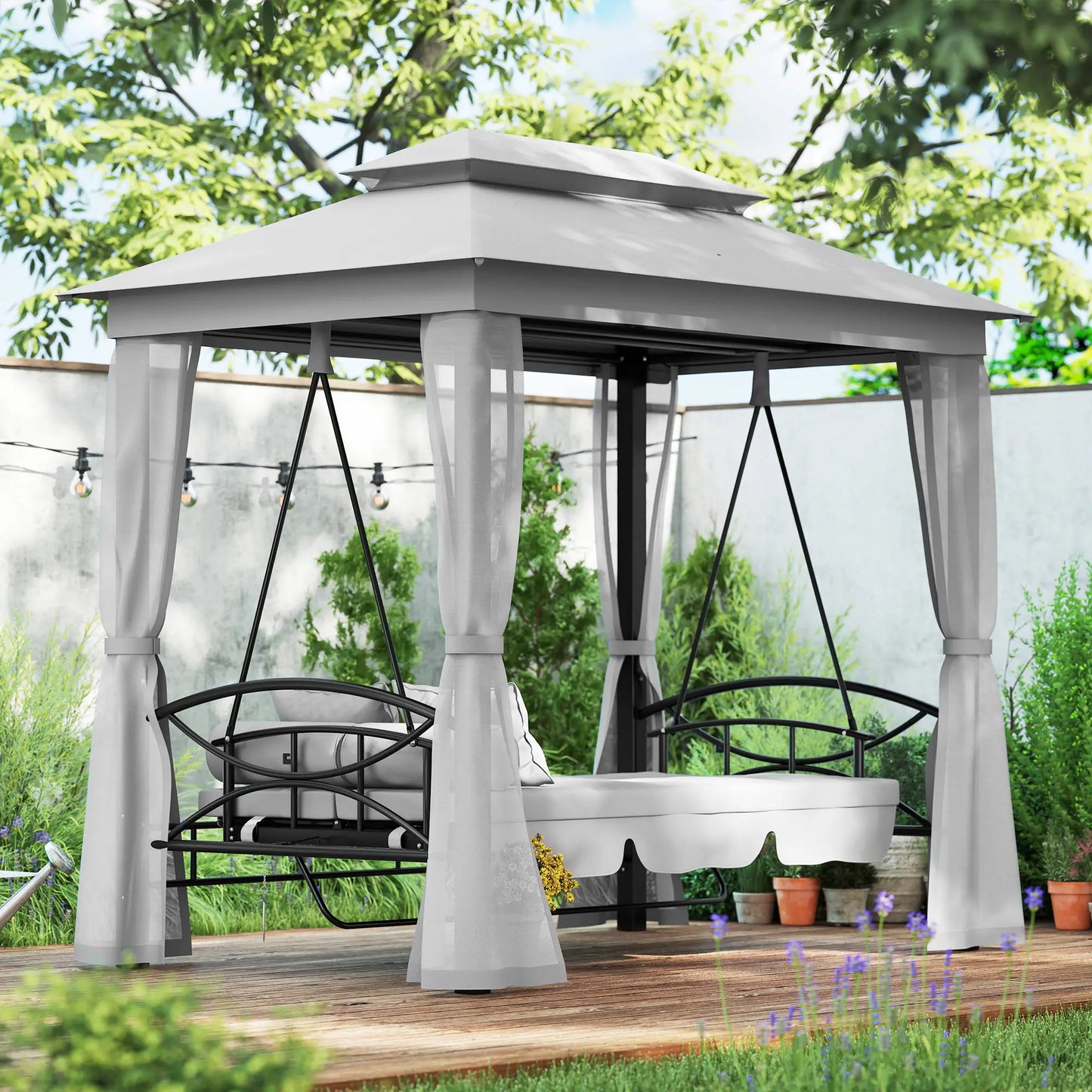 3 Person Outdoor Daybed, Canopy Gazebo Swing Chair, Grey Patio Swings with Stand at Gallery Canada