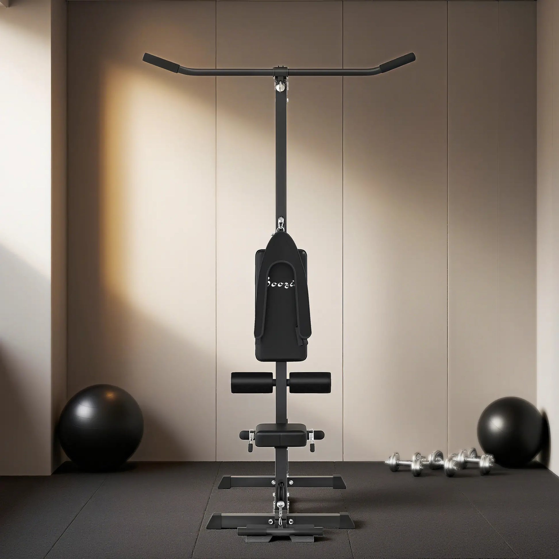 Lat Pull Down Machine, High Low Pulley, Adjustable Seat, Flip-Up Footplate, Black Power Towers at Gallery Canada