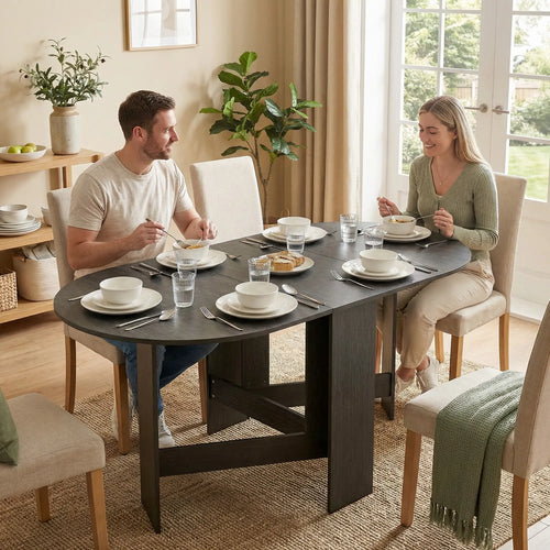 Oval Folding Dining Table, Drop Leaf Kitchen Table, Black