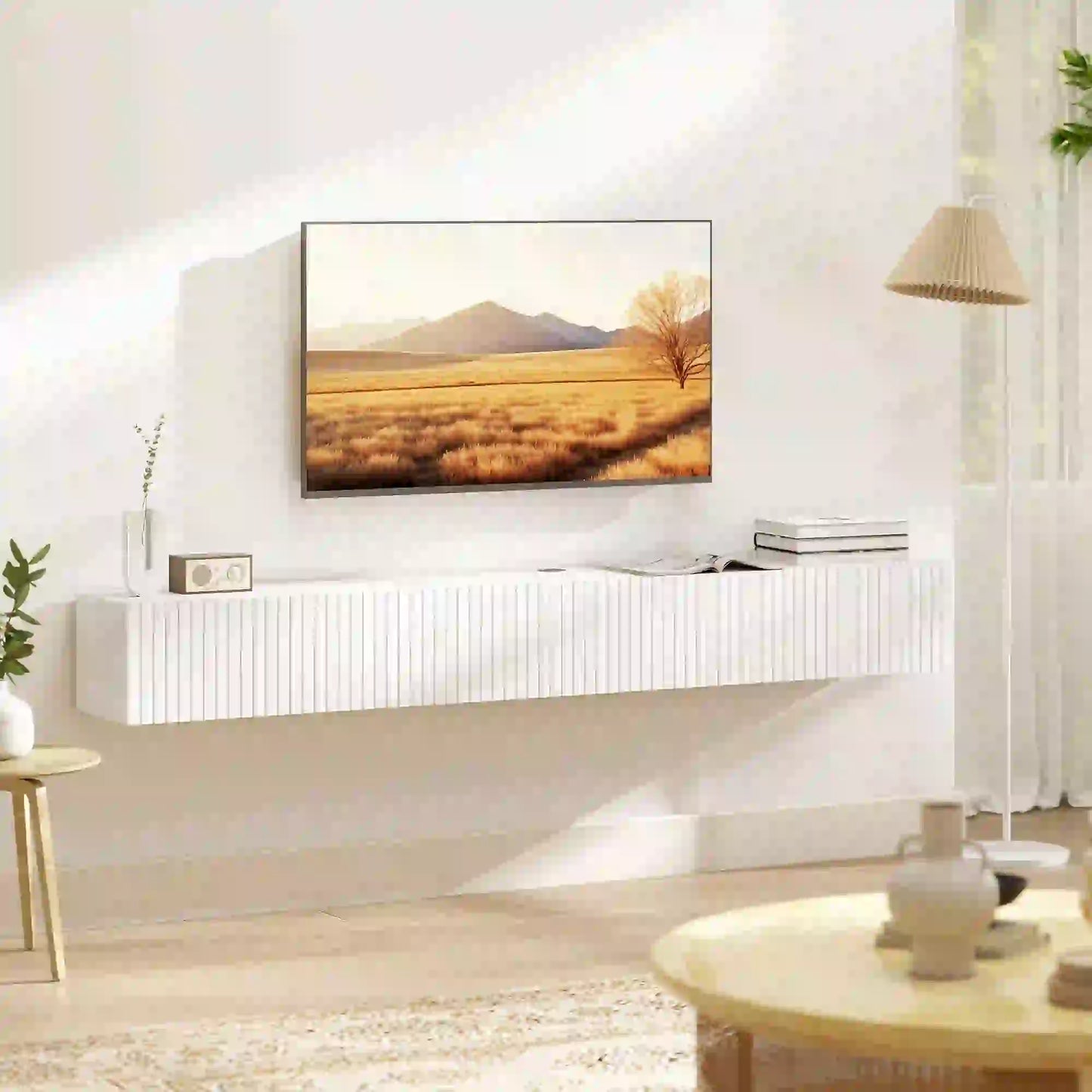 71 Inch Floating TV Stand, Wall Mount Media Console, 2 Fluted Doors, White TV Stands at Gallery Canada