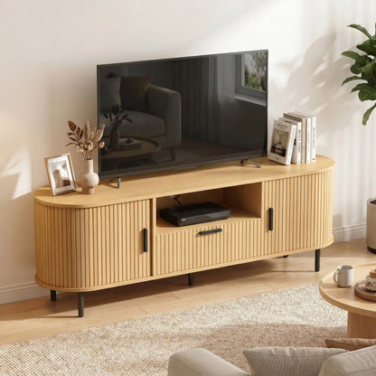 TV Stand for TVs up to 60", Modern Entertainment Center with Curved Sliding Doors and Storage, Natural Wood