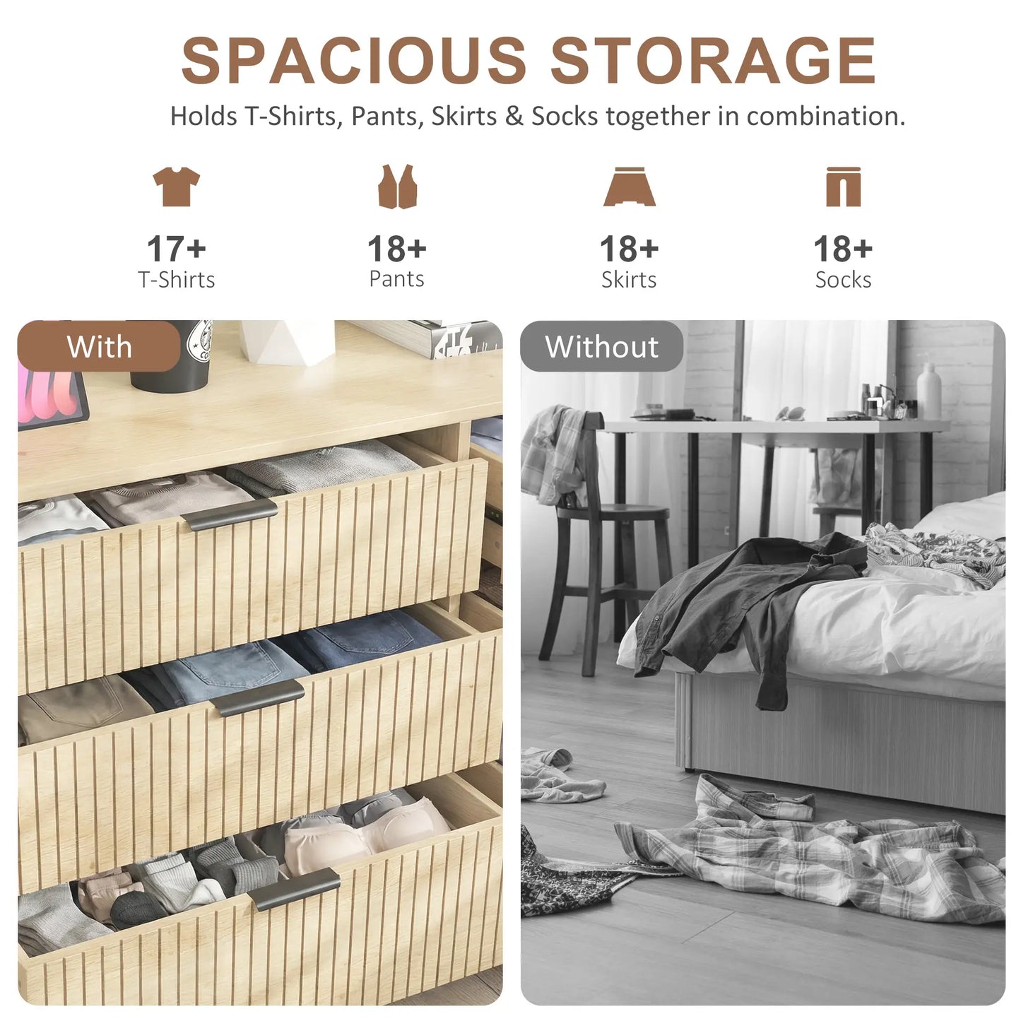 6 Drawer Dresser, Fluted Panels, Solid Wood Legs, Oak Storage Cabinets at Gallery Canada