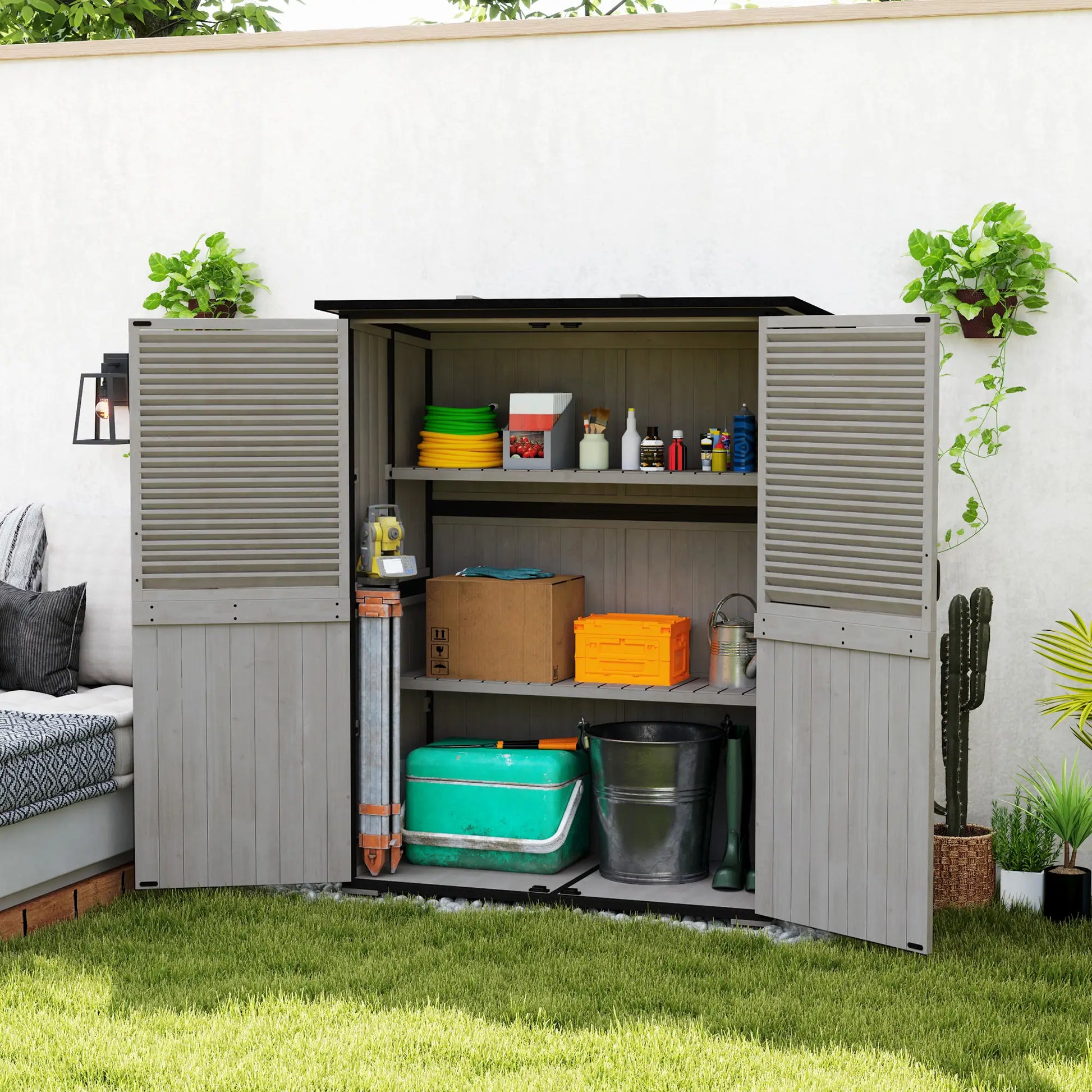 Outdoor Storage Cabinet, Wood Garden Shed, Steel Frame, Asphalt Roof, 2 Shelves, Lockable Doors, Grey Sheds at Gallery Canada