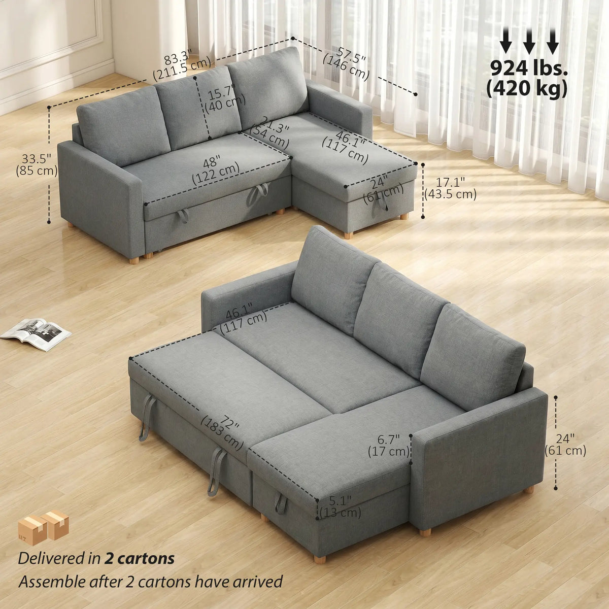 83" Sofa Bed, L Shaped Sectional with Storage Chaise, Light Grey Sofas & Reclining Chairs at Gallery Canada