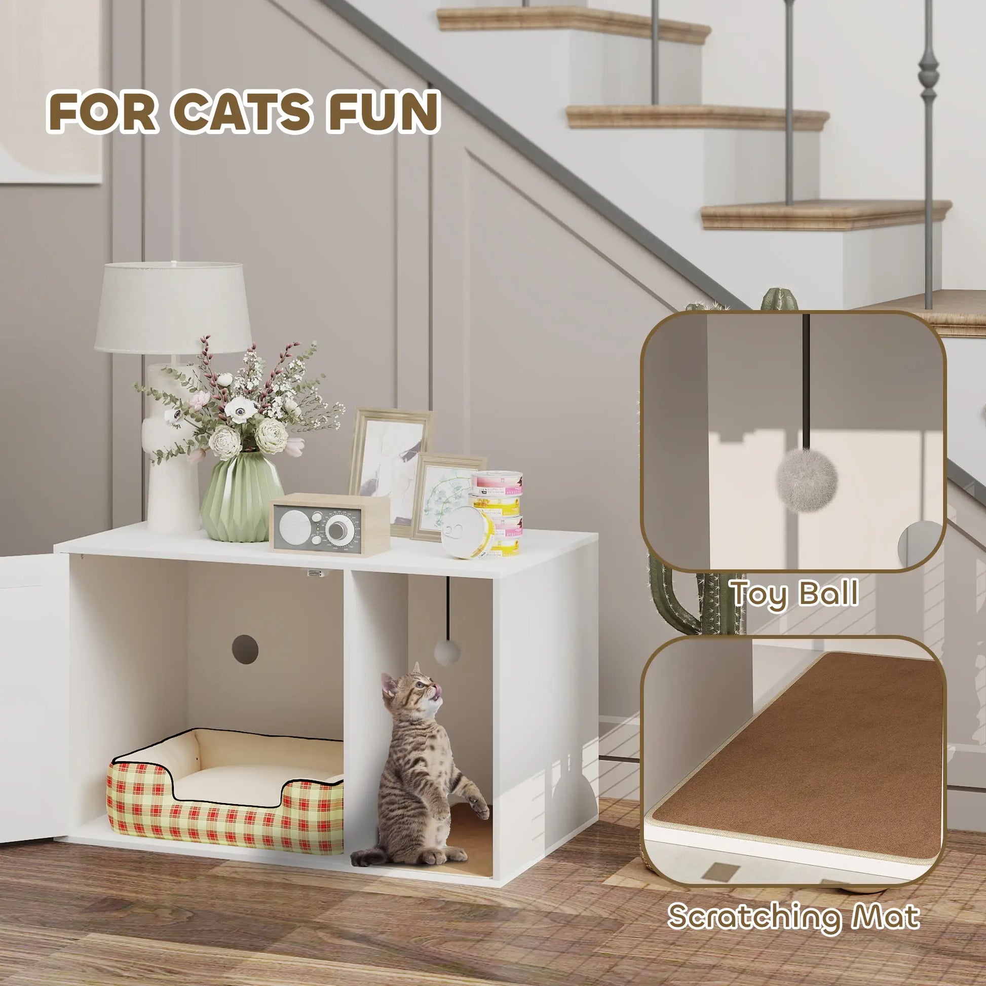 Cat Litter Box Enclosure, End Side Table with Rattan Door, Scratching Pad, White Cat Litter Box Enclosures at Gallery Canada