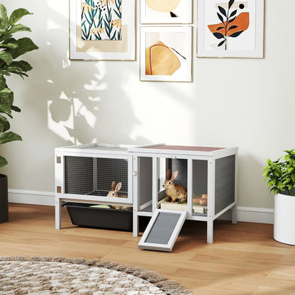 Wooden Rabbit Hutch With Run, Openable Top, Pull Out Tray, Ramp, Water-Resistant Roof, Grey Rabbit Hutch at Gallery Canada