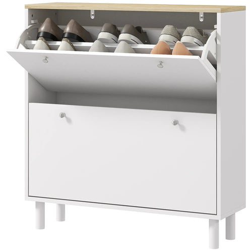 2 Drawers Shoe Storage Cabinet, Adjustable Shelves, 16 Pairs, White
