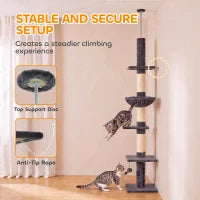 Arbre à chat à 5 niveaux, réglable de 88,6" à 100,4", poteaux à gratter