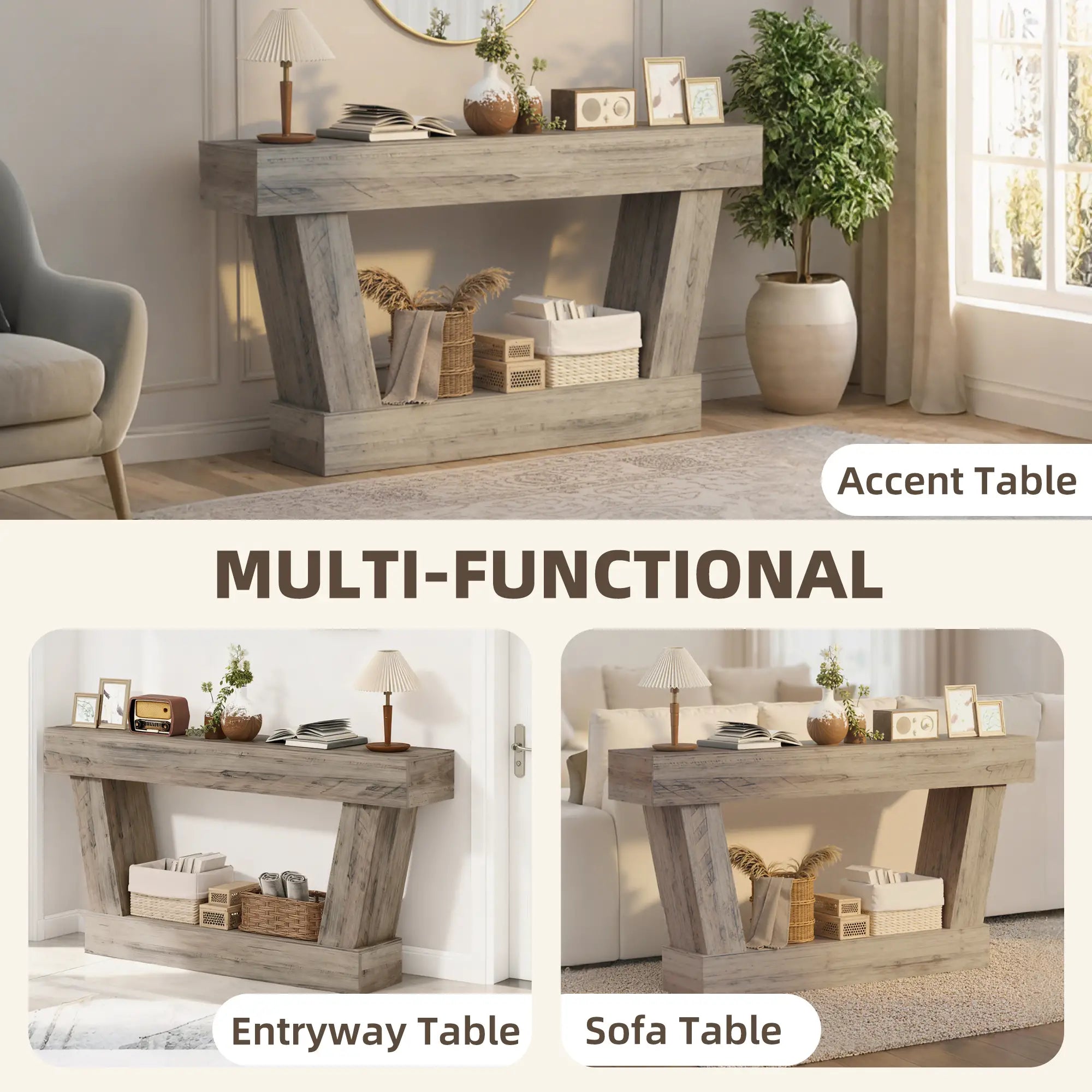 63 Inch Vintage Console Table, Narrow Entryway Table with Shelf, Light Brown Console Tables at Gallery Canada