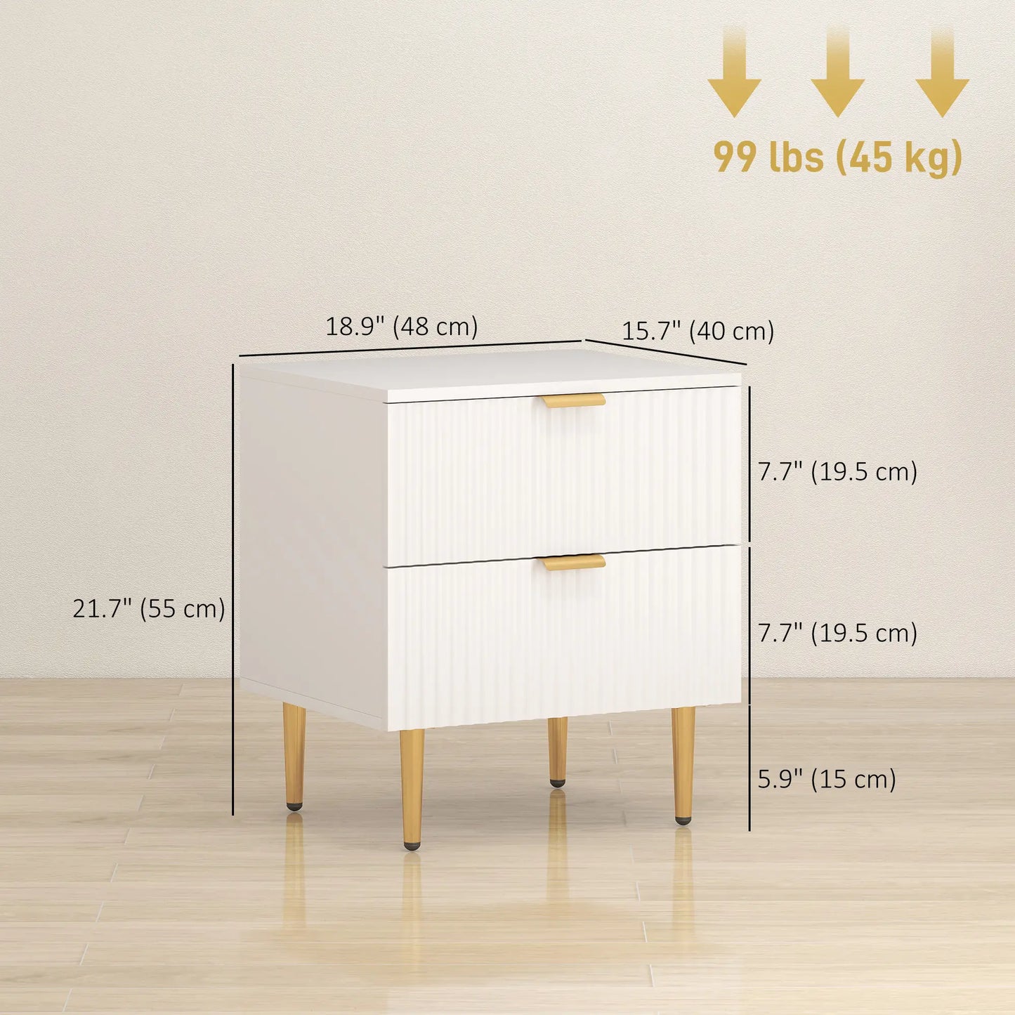 Bedside Table, Modern Nightstand with 2 Drawers, Side End Table with Metal Legs for Living Room, Bedroom, White
